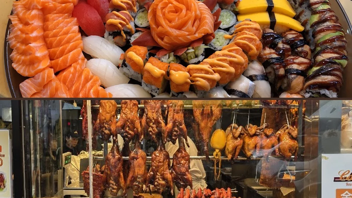 Rice plates and roasted meats ready to serve.